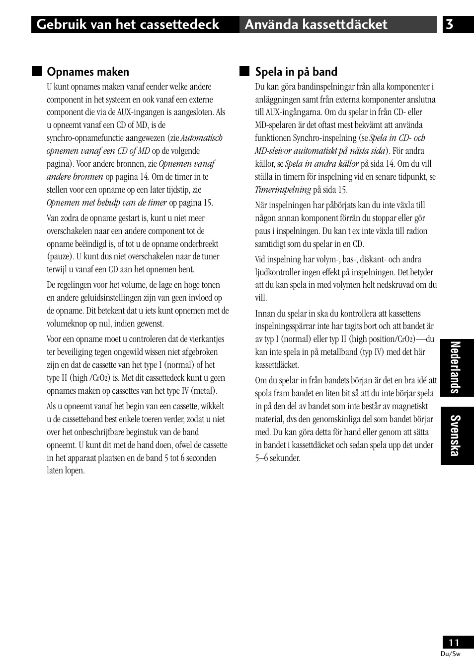 Opnames maken, Spela in på band, Nederlands svenska opnames maken | Pioneer CT-L11 User Manual | Page 51 / 84