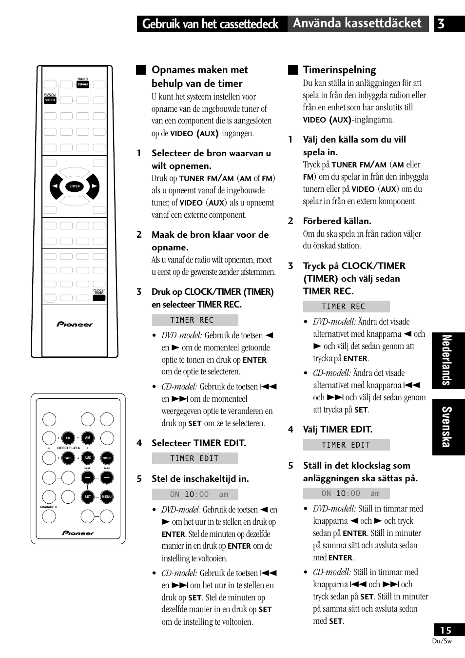 Opnames maken met behulp van de timer, Timerinspelning, Nederlands svenska | Pioneer CT-L11 User Manual | Page 55 / 84