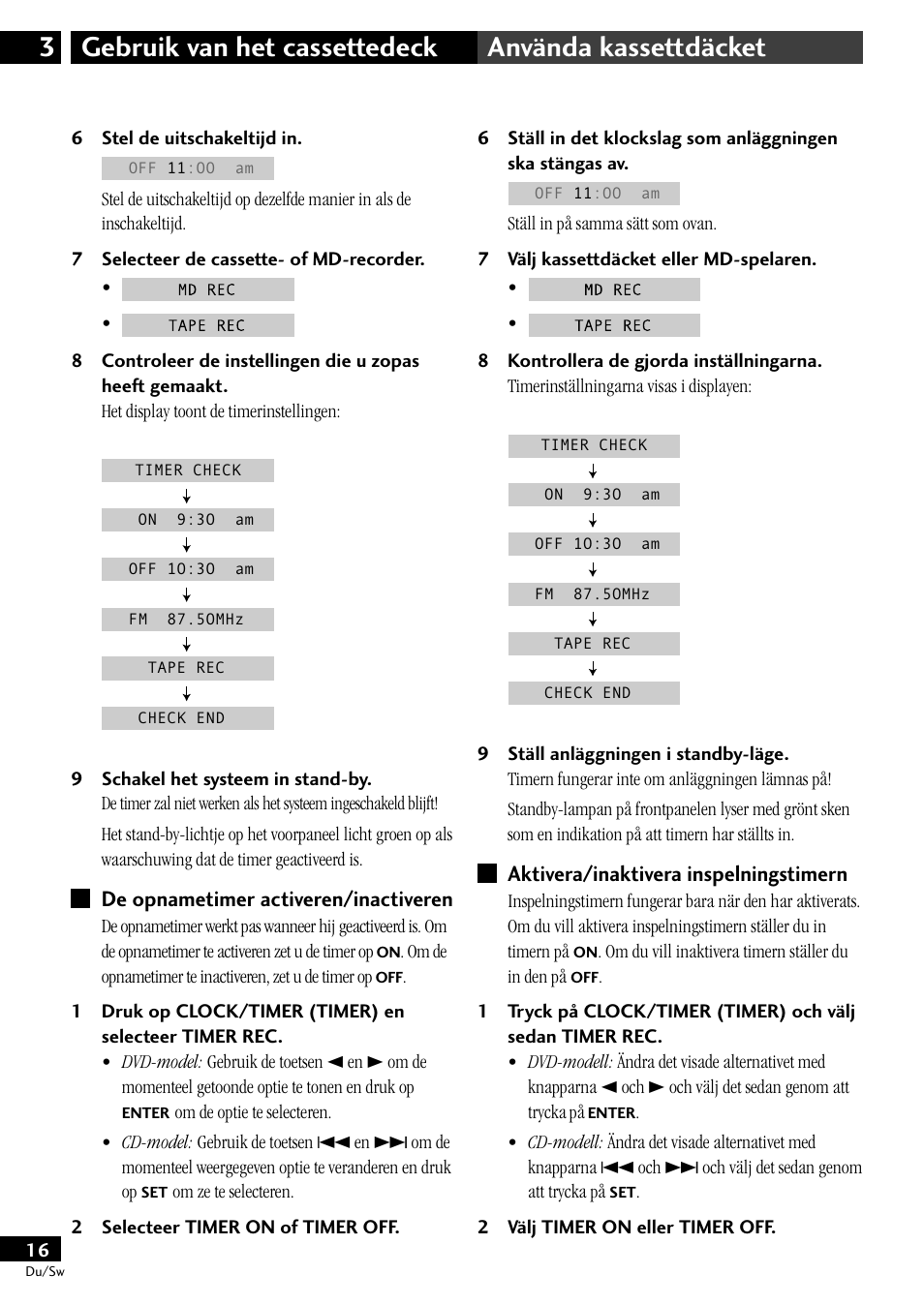 De opnametimer activeren/inactiveren, Aktivera/inaktivera inspelningstimern | Pioneer CT-L11 User Manual | Page 56 / 84