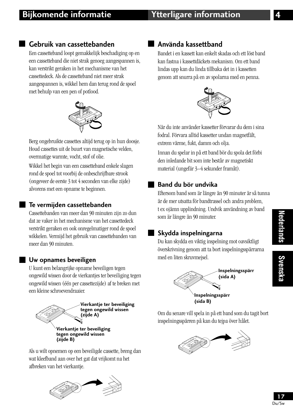 Gebruik van cassettebanden, Te vermijden cassettebanden uw opnames beveiligen, Använda kassettband | Band du bör undvika skydda inspelningarna, 4bijkomende informatie ytterligare information, Nederlands svenska gebruik van cassettebanden | Pioneer CT-L11 User Manual | Page 57 / 84