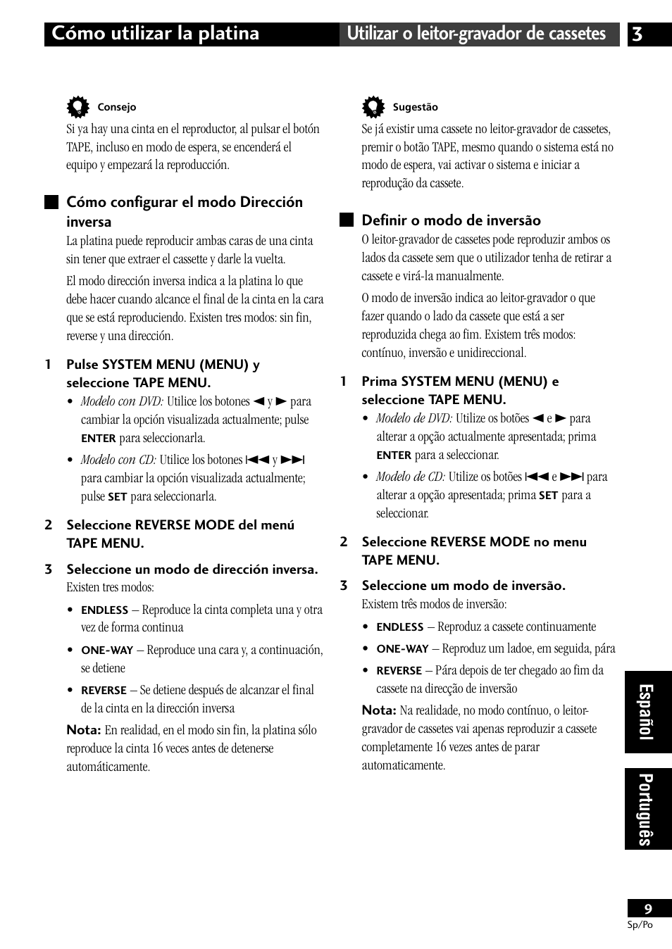 Cómo configurar el modo dirección inversa, Definir o modo de inversão, Espa ñ ol portugu ê s | Pioneer CT-L11 User Manual | Page 69 / 84