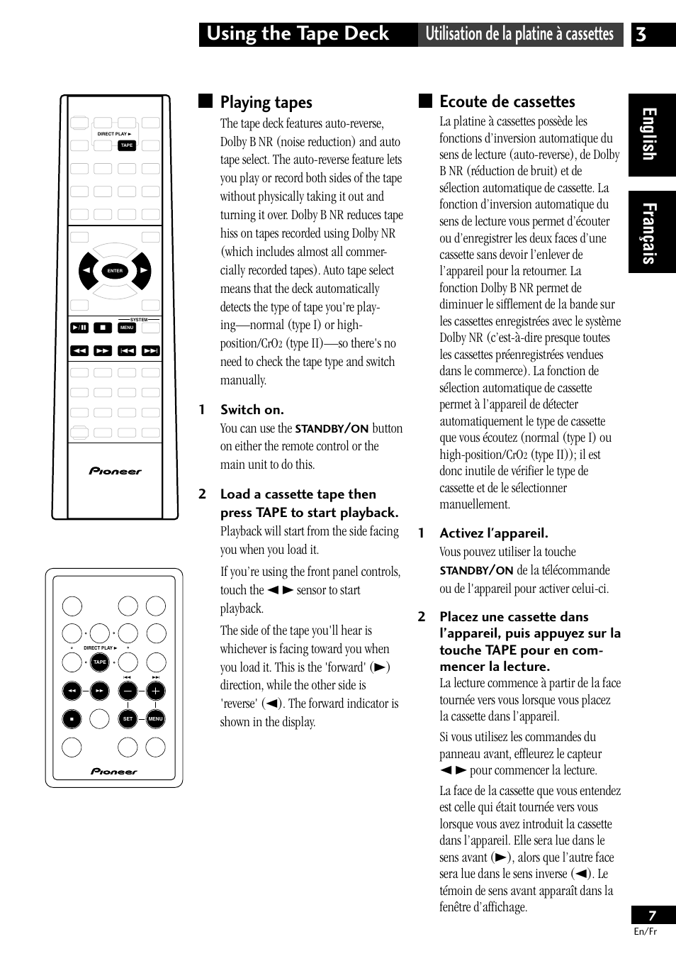 Playing tapes, Ecoute de cassettes, English français playing tapes | Pioneer CT-L11 User Manual | Page 7 / 84