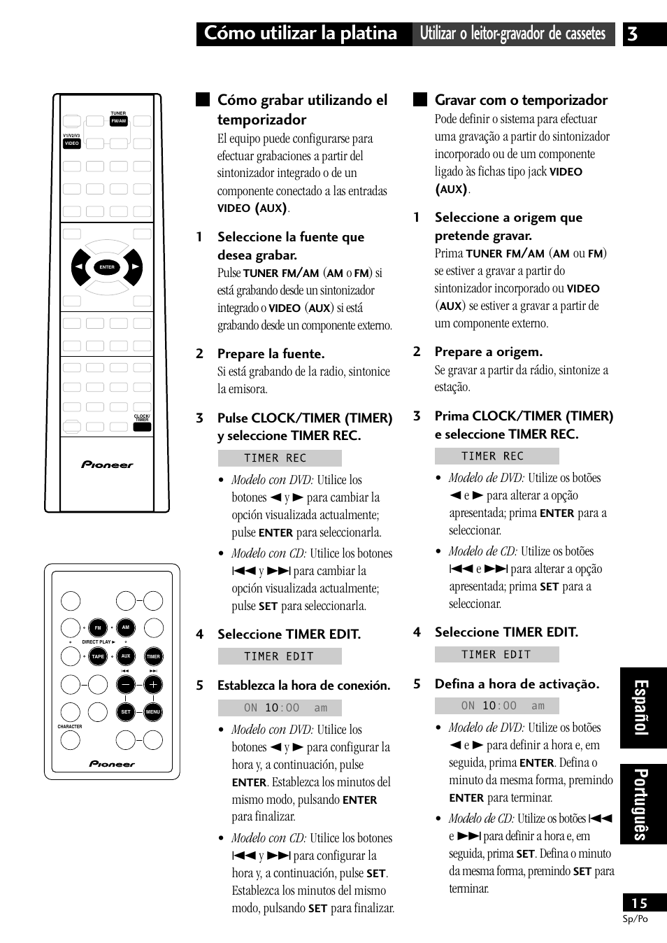 Cómo grabar utilizando el temporizador, Gravar com o temporizador, Espa ñ ol portugu ê s | Pioneer CT-L11 User Manual | Page 75 / 84