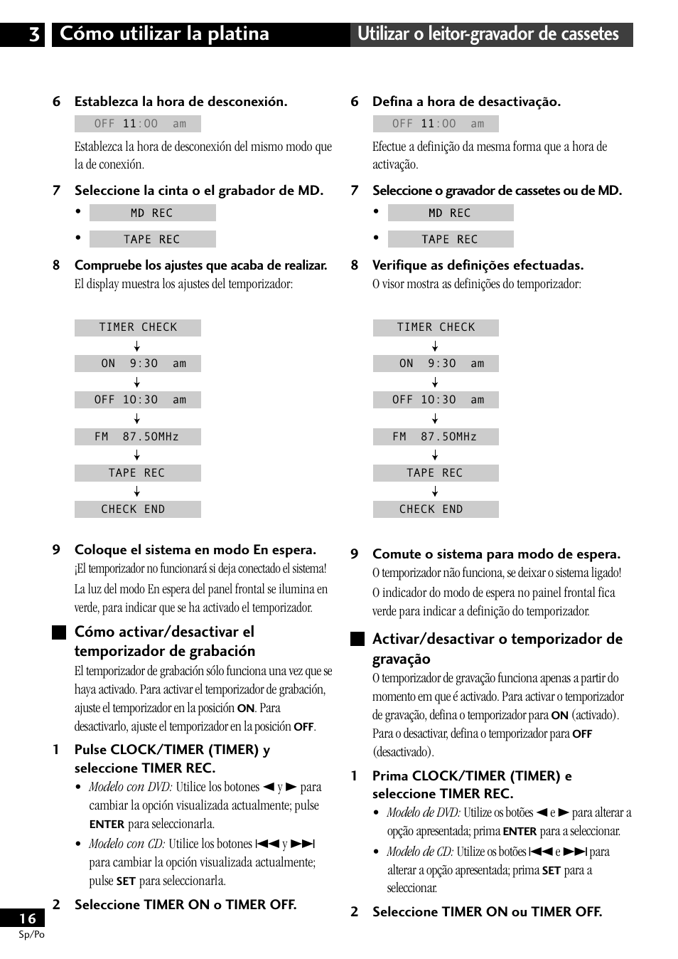 Activar/desactivar o temporizador de gravação | Pioneer CT-L11 User Manual | Page 76 / 84