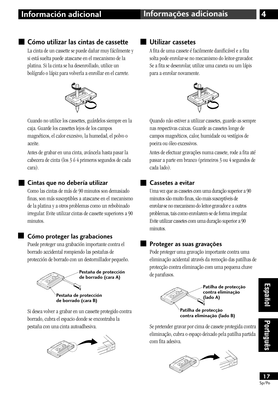 Cómo utilizar las cintas de cassette, Utilizar cassetes, Cassetes a evitar proteger as suas gravações | 4información adicional informações adicionais, Español português utilizar cassetes | Pioneer CT-L11 User Manual | Page 77 / 84