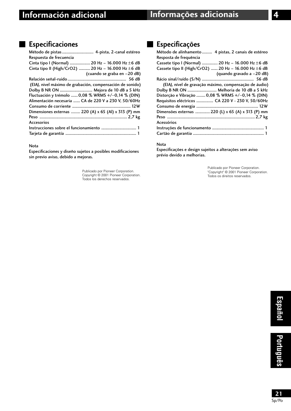 Especificaciones, Especificações, 4información adicional informações adicionais | Espa ñ ol portugu ê s especificações | Pioneer CT-L11 User Manual | Page 81 / 84