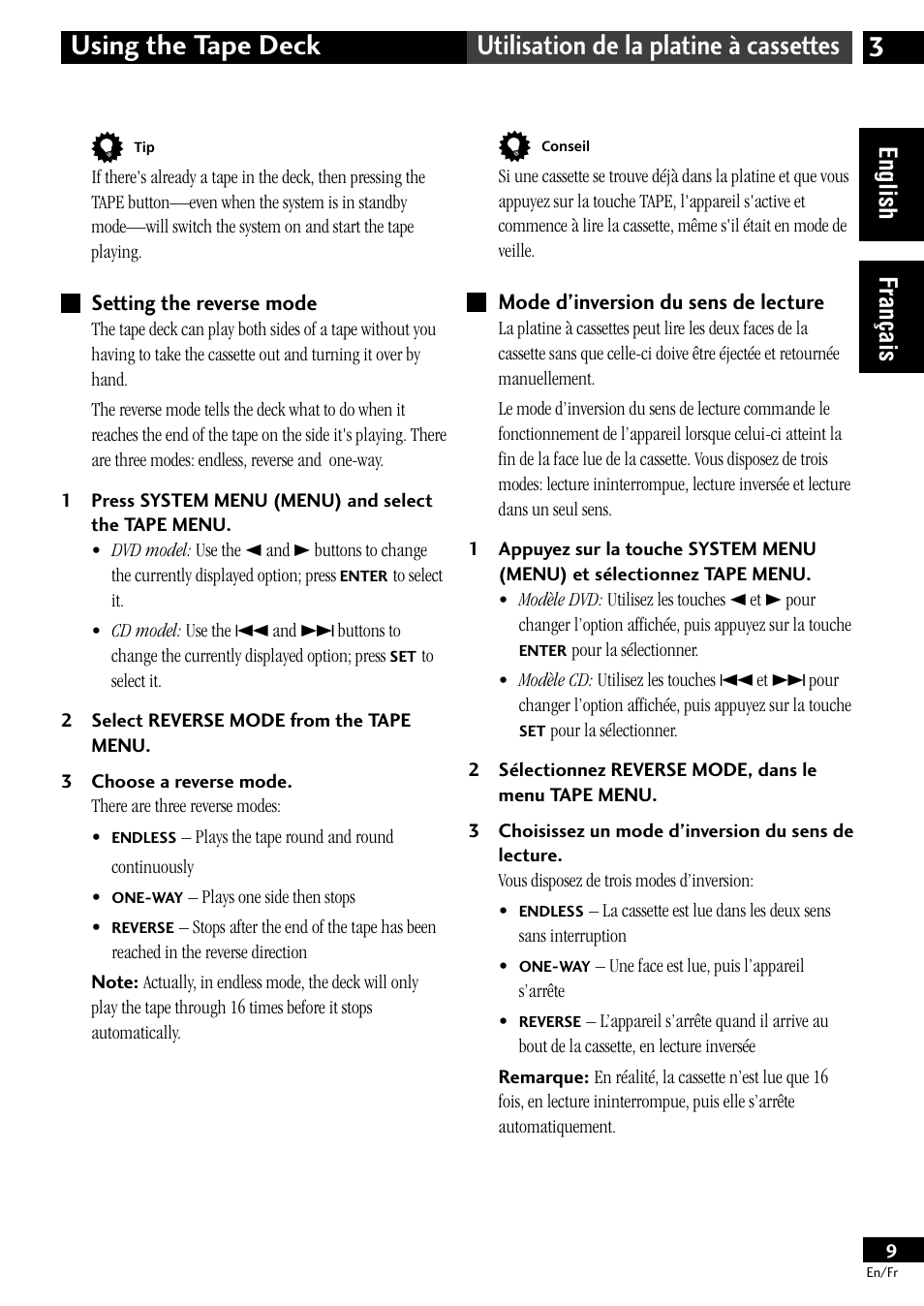Setting the reverse mode, Mode d’inversion du sens de lecture, English fran çais | Pioneer CT-L11 User Manual | Page 9 / 84