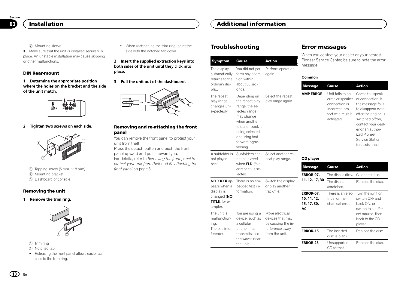 Troubleshooting, Error messages, Installation | Additional information | Pioneer DEH-150MPG User Manual | Page 10 / 96