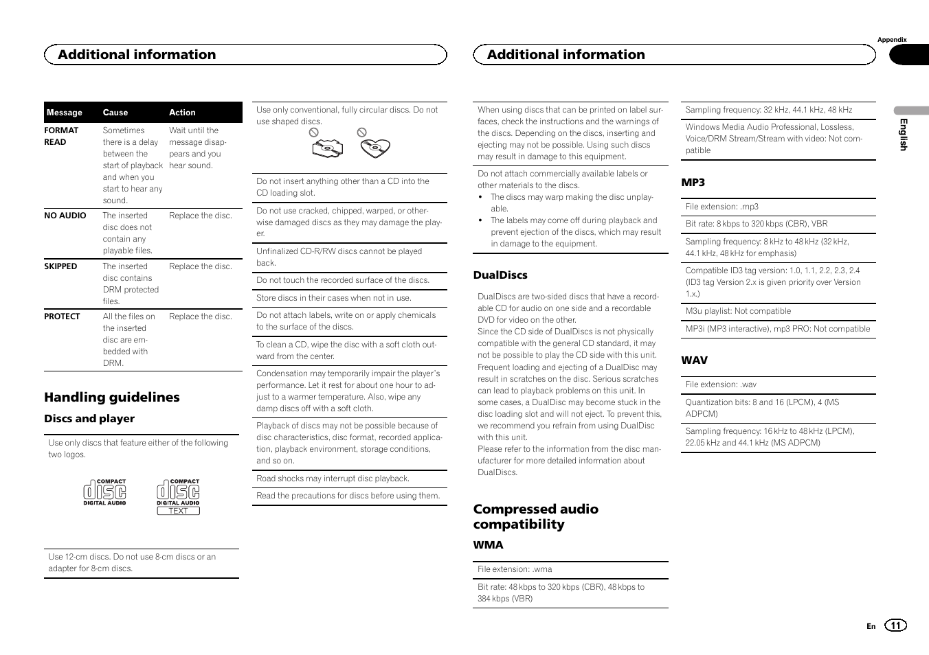 Handling guidelines, Compressed audio compatibility, Additional information | Pioneer DEH-150MPG User Manual | Page 11 / 96