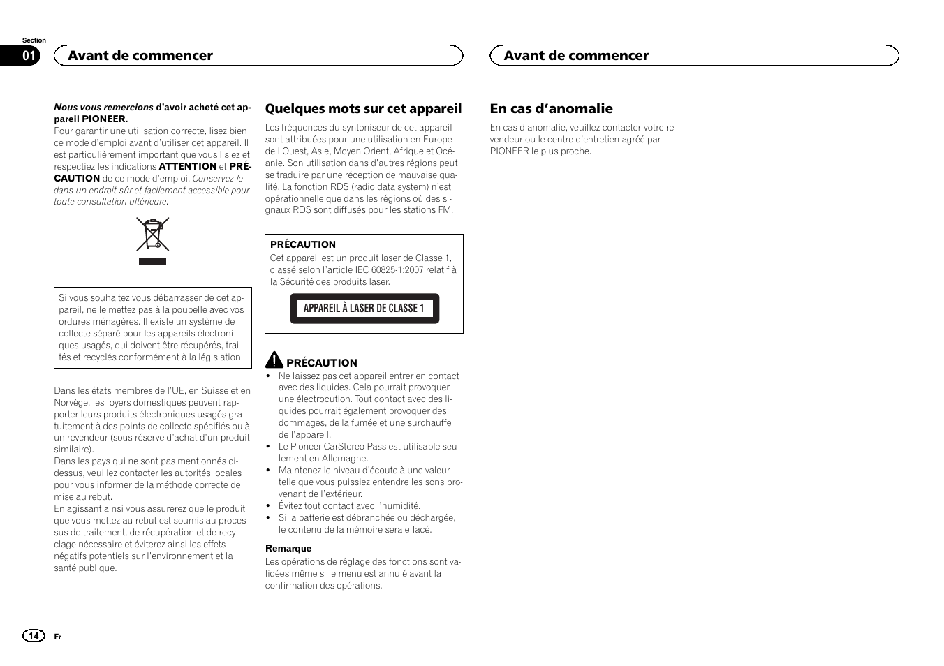 Français, Quelques mots sur cet appareil, En cas d ’anomalie | Avant de commencer | Pioneer DEH-150MPG User Manual | Page 14 / 96