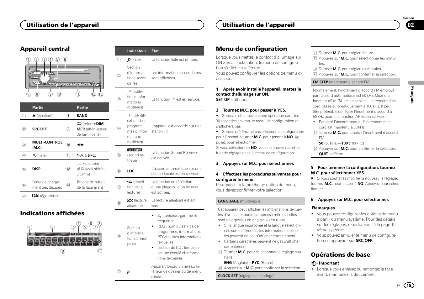 Appareil central, Indications affichées, Menu de configuration | Opérations de base, Utilisation de l ’appareil | Pioneer DEH-150MPG User Manual | Page 15 / 96
