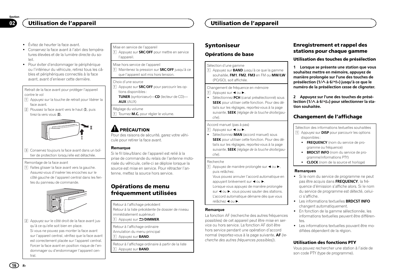 Opérations de menu fréquemment utilisées, Syntoniseur, Utilisation de l ’appareil | Pioneer DEH-150MPG User Manual | Page 16 / 96