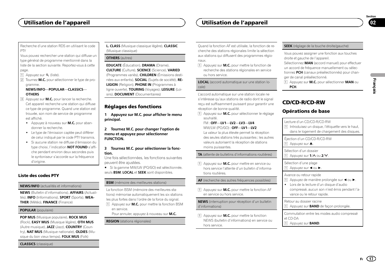 Seek (réglage de la touche droite/gau, Che), Af (re | Cherche des autres fréquences possibles)), Cd/cd-r/cd-rw, Utilisation de l ’appareil | Pioneer DEH-150MPG User Manual | Page 17 / 96