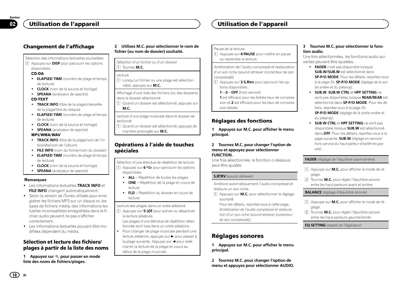 Réglages sonores, Utilisation de l ’appareil | Pioneer DEH-150MPG User Manual | Page 18 / 96