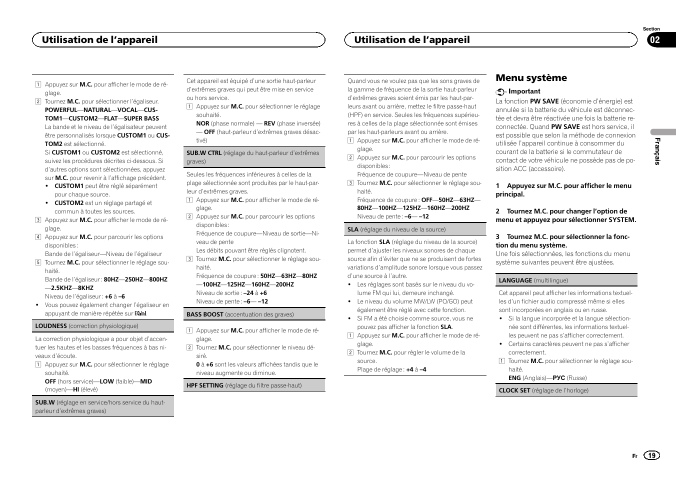 Sub.w (réglage en service, Hors service du haut-parleur d, Extrêmes gra | Ves), Menu système, Utilisation de l ’appareil | Pioneer DEH-150MPG User Manual | Page 19 / 96