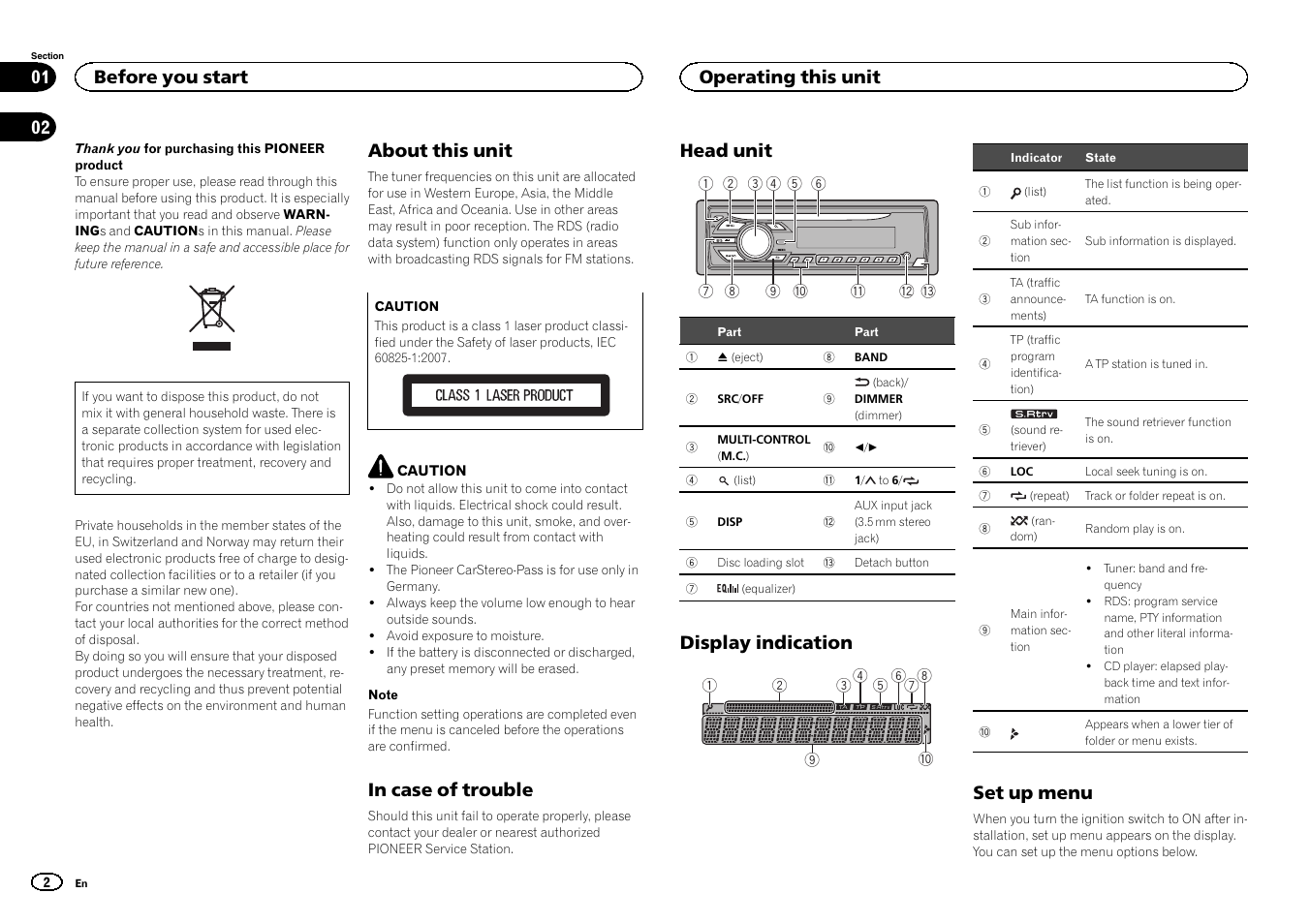 English, About this unit, Head unit | Display indication, Set up menu, Before you start, Operating this unit | Pioneer DEH-150MPG User Manual | Page 2 / 96