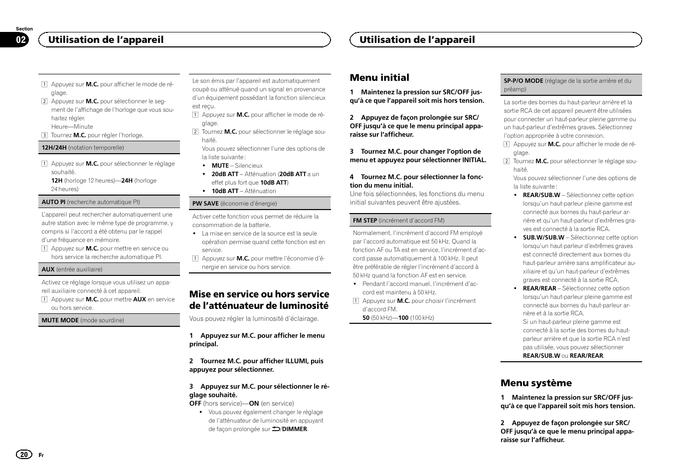 Sp-p/o mode (réglage de la sor, Tie arrière et du préamp), Menu initial | Menu système, Utilisation de l ’appareil | Pioneer DEH-150MPG User Manual | Page 20 / 96