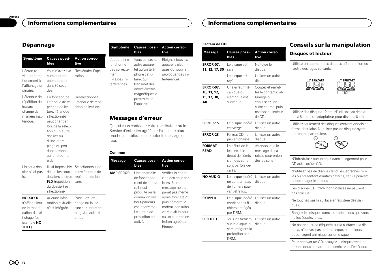 Dépannage, Messages d ’erreur, Conseils sur la manipulation | Informations complémentaires | Pioneer DEH-150MPG User Manual | Page 24 / 96