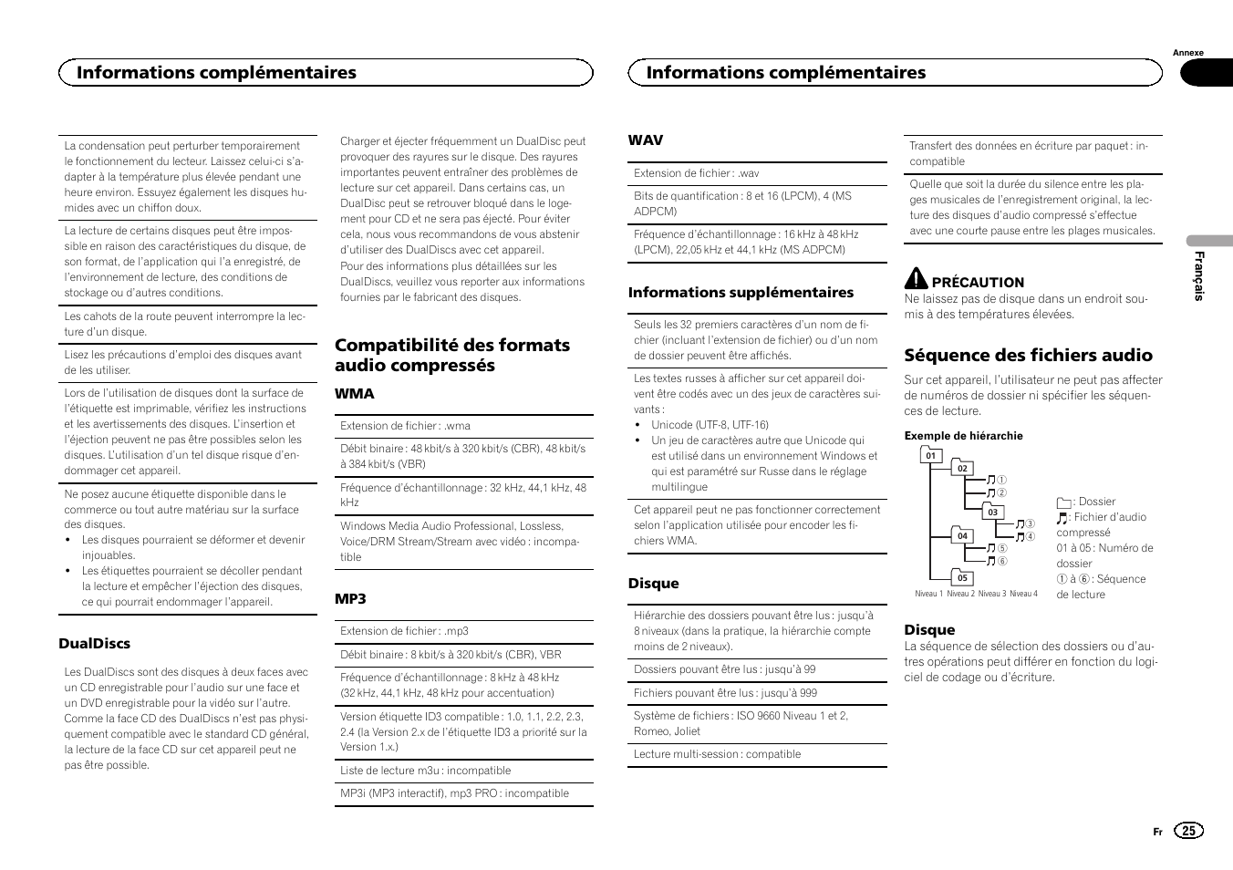 Compatibilité des formats audio compressés, Séquence des fichiers audio, Informations complémentaires | Pioneer DEH-150MPG User Manual | Page 25 / 96