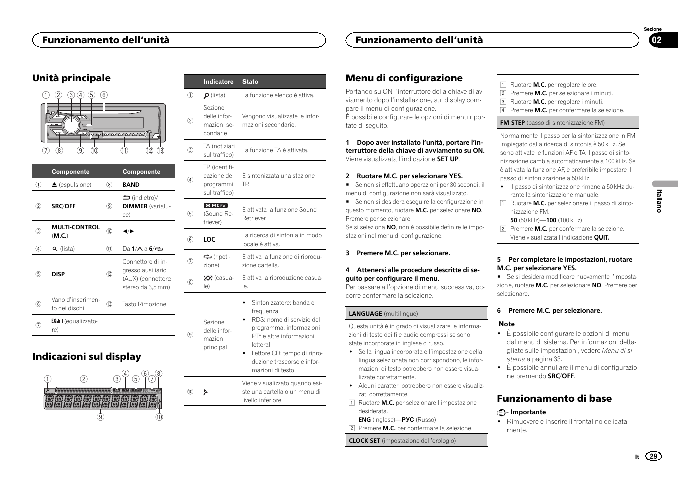 Unità principale, Indicazioni sul display, Menu di configurazione | Funzionamento di base, Funzionamento dell ’unità | Pioneer DEH-150MPG User Manual | Page 29 / 96