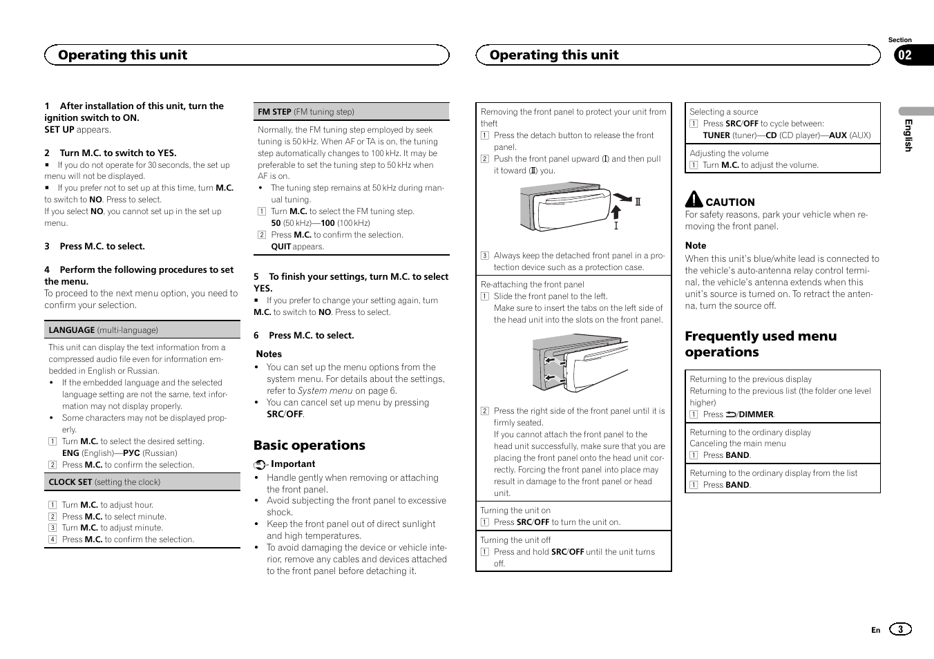 Basic operations, Frequently used menu operations, Operating this unit | Pioneer DEH-150MPG User Manual | Page 3 / 96