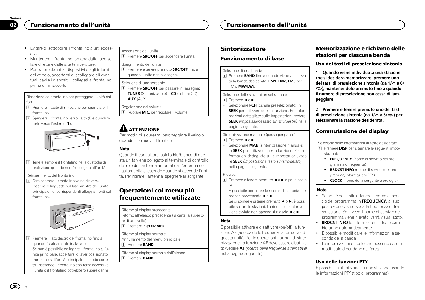 Operazioni col menu più frequentemente utilizzate, Sintonizzatore, Funzionamento dell ’unità | Pioneer DEH-150MPG User Manual | Page 30 / 96