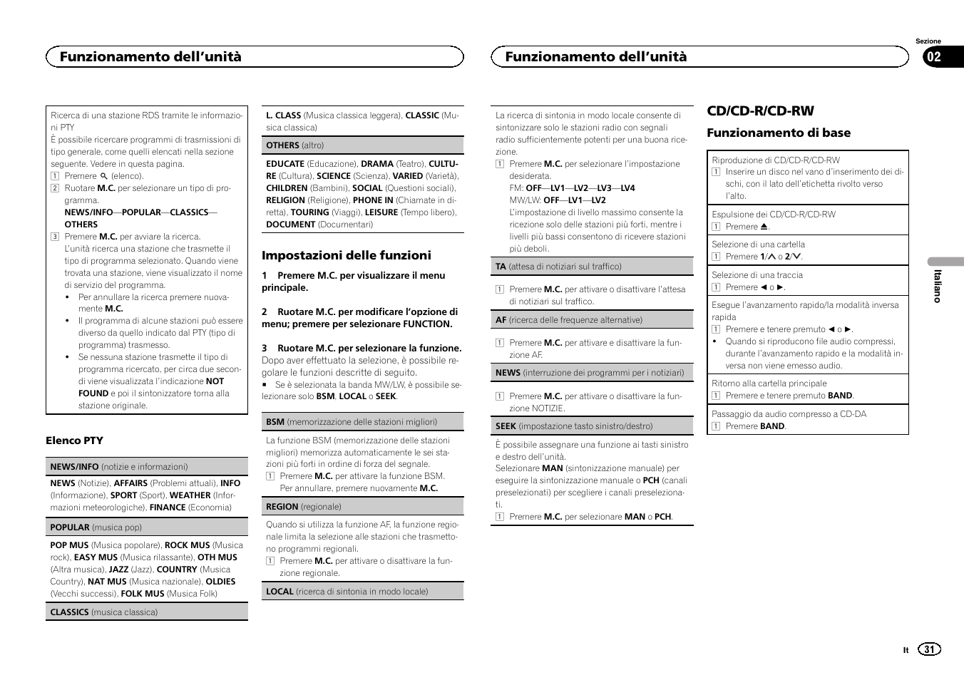 Seek (impostazione tasto sinistro/destro), Af (ricerca delle frequenze alternative), Cd/cd-r/cd-rw | Funzionamento dell ’unità | Pioneer DEH-150MPG User Manual | Page 31 / 96