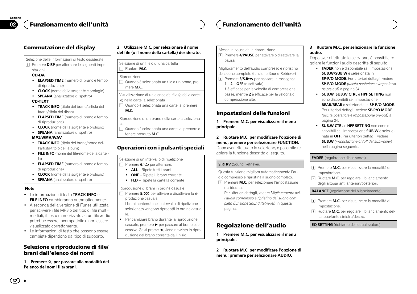 Regolazione dell ’audio, Funzionamento dell ’unità | Pioneer DEH-150MPG User Manual | Page 32 / 96