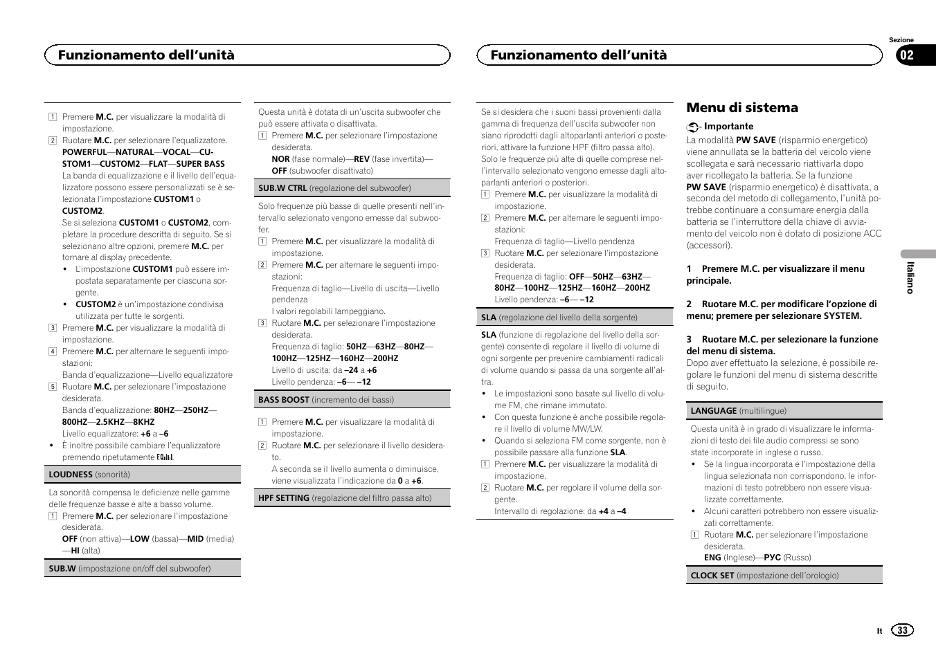 Menu di sistema, Funzionamento dell ’unità | Pioneer DEH-150MPG User Manual | Page 33 / 96