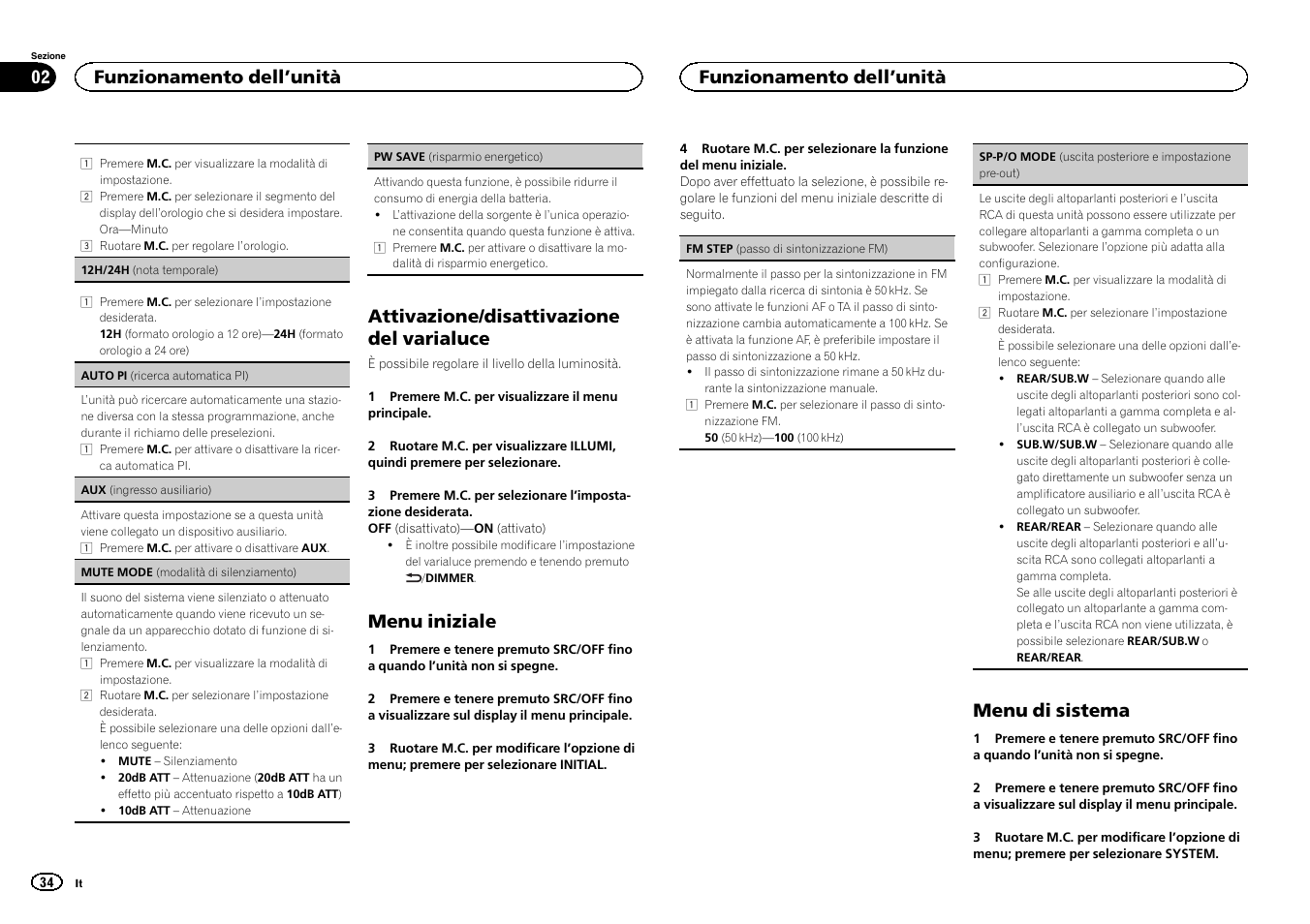 Sp-p/o mode, Attivazione/disattivazione del varialuce, Menu iniziale | Menu di sistema, Funzionamento dell ’unità | Pioneer DEH-150MPG User Manual | Page 34 / 96