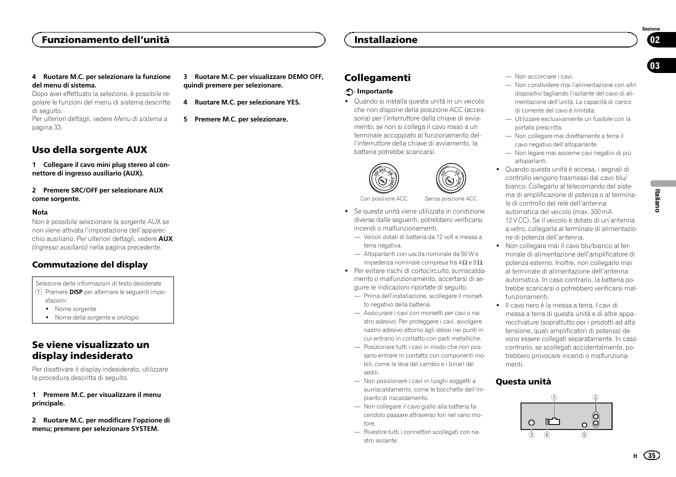 Uso della sorgente aux, Se viene visualizzato un display indesiderato, Collegamenti | Funzionamento dell ’unità, Installazione | Pioneer DEH-150MPG User Manual | Page 35 / 96