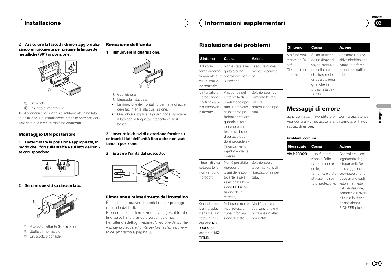 Risoluzione dei problemi, Messaggi di errore, Installazione | Informazioni supplementari | Pioneer DEH-150MPG User Manual | Page 37 / 96