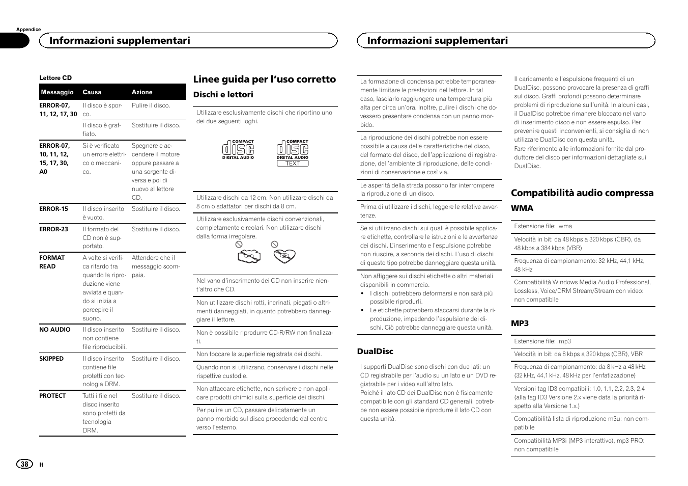 Linee guida per l ’uso corretto, Compatibilità audio compressa, Informazioni supplementari | Pioneer DEH-150MPG User Manual | Page 38 / 96