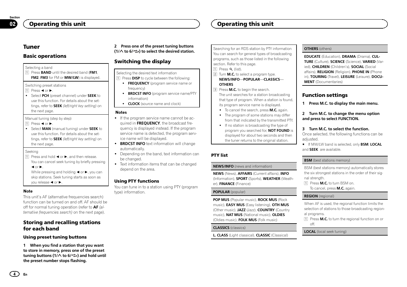 Tuner, Operating this unit | Pioneer DEH-150MPG User Manual | Page 4 / 96