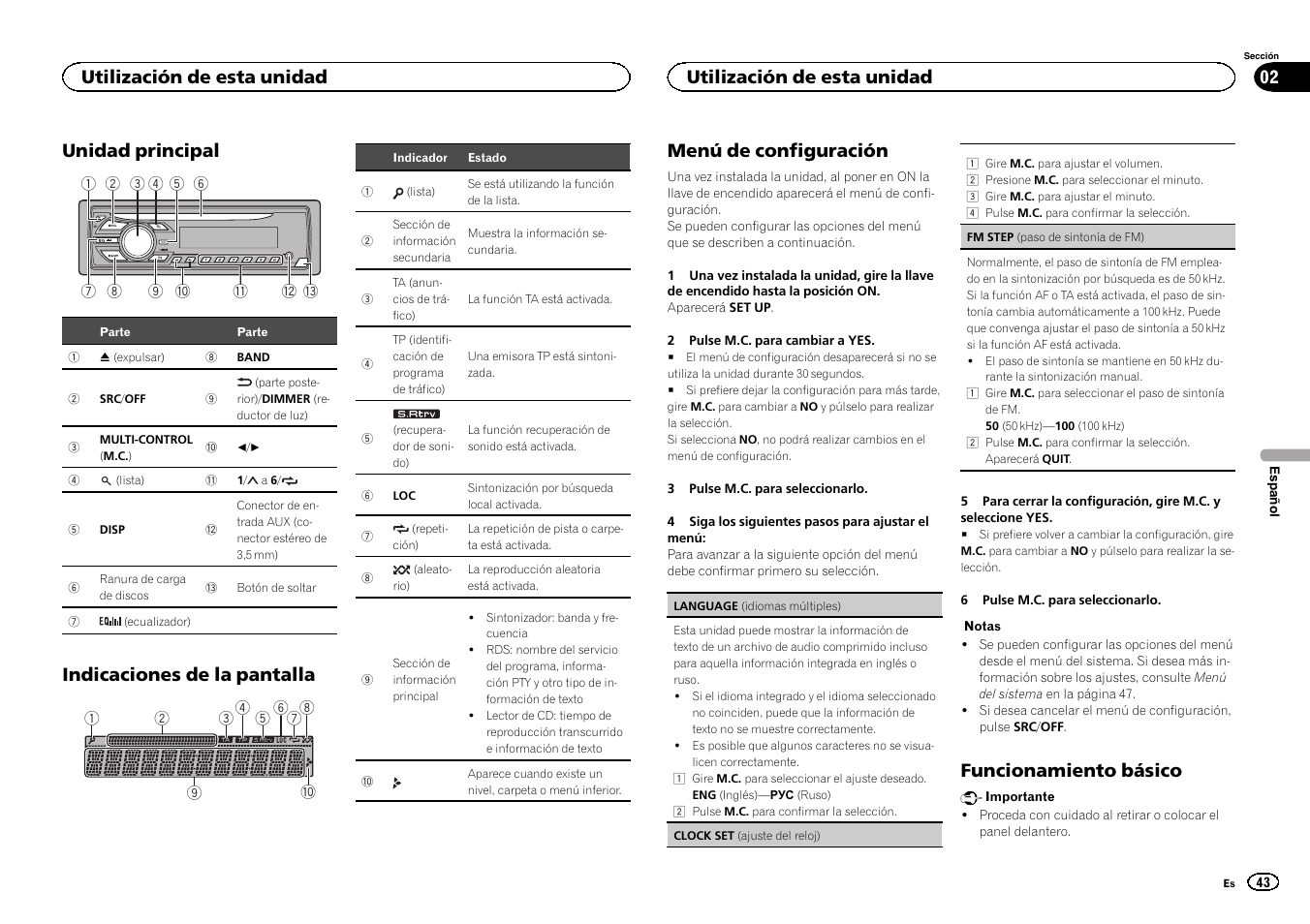 Unidad principal, Indicaciones de la pantalla, Menú de configuración | Funcionamiento básico, Utilización de esta unidad | Pioneer DEH-150MPG User Manual | Page 43 / 96