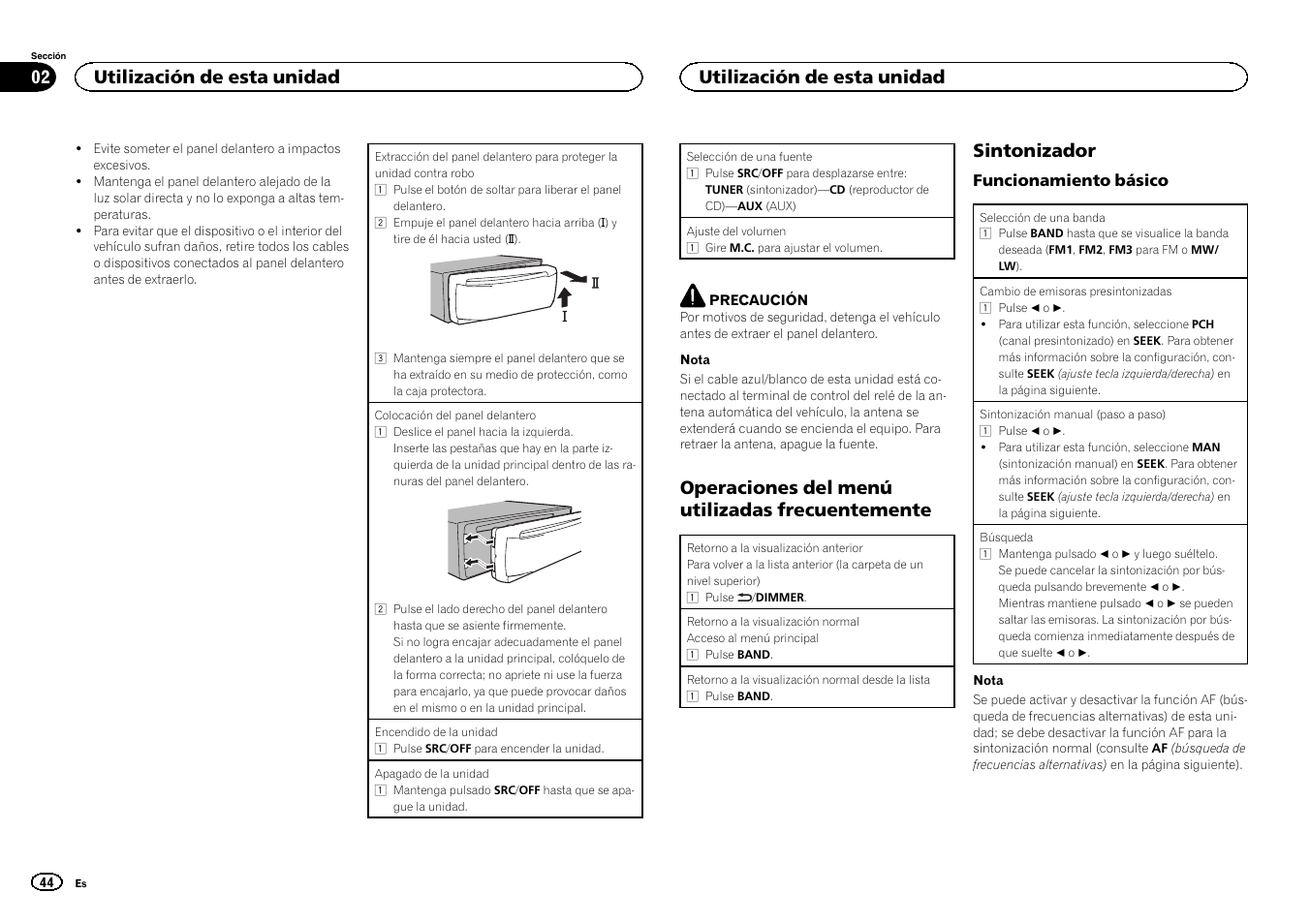 Operaciones del menú utilizadas frecuentemente, Sintonizador, Utilización de esta unidad | Pioneer DEH-150MPG User Manual | Page 44 / 96