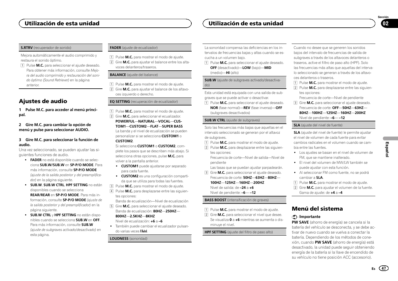 Ajustes de audio, Menú del sistema, Utilización de esta unidad | Pioneer DEH-150MPG User Manual | Page 47 / 96