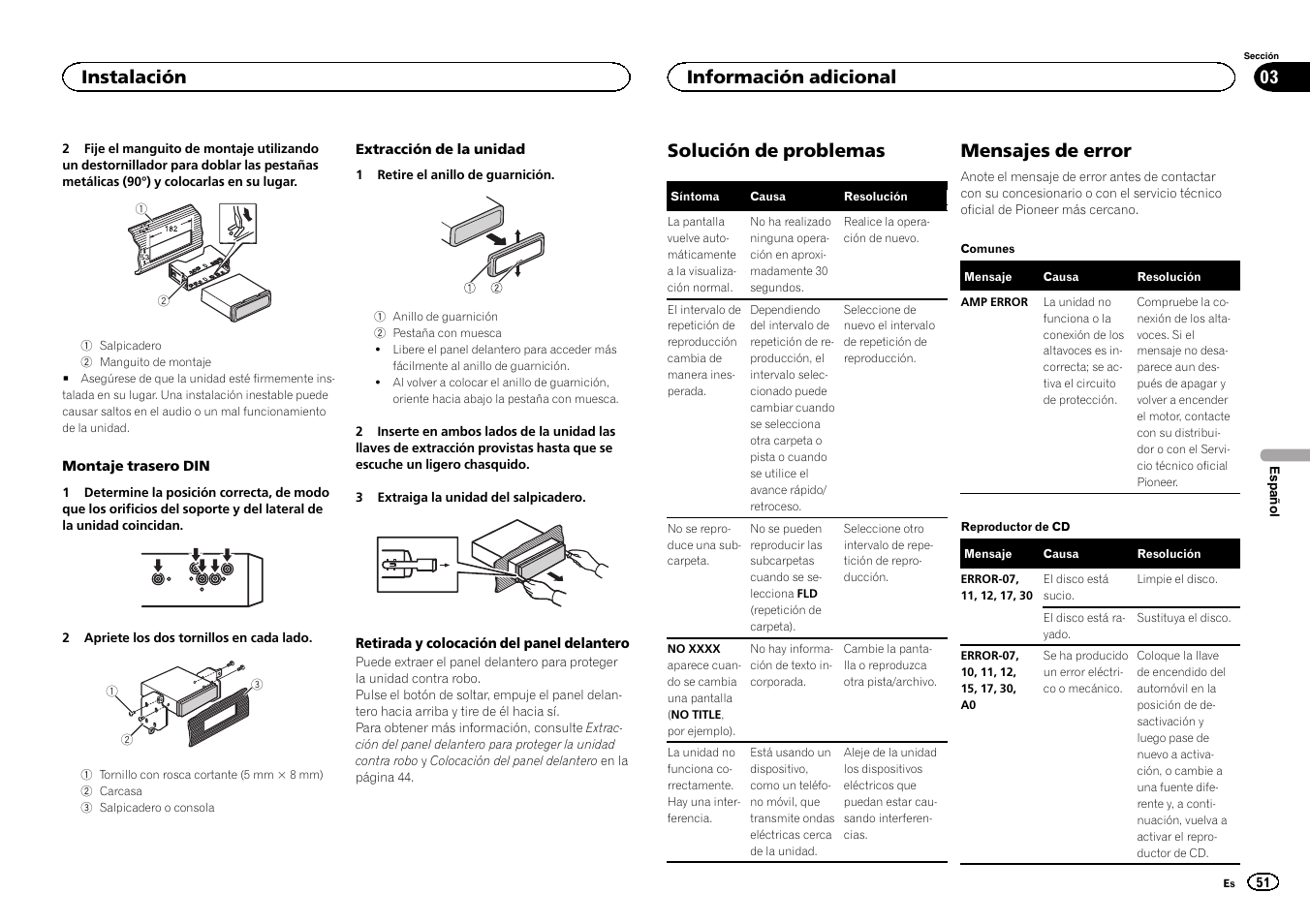 Solución de problemas, Mensajes de error, Instalación | Información adicional | Pioneer DEH-150MPG User Manual | Page 51 / 96