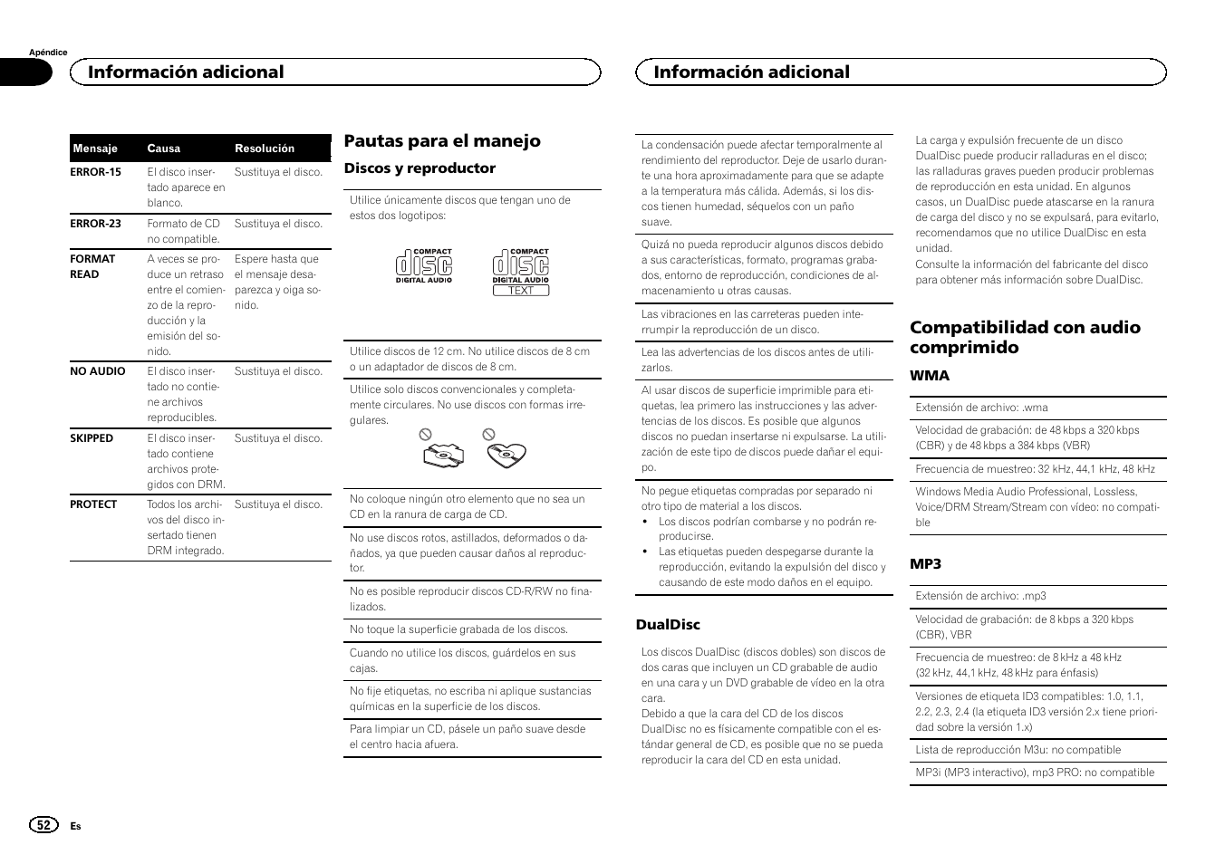 Pautas para el manejo, Compatibilidad con audio comprimido, Información adicional | Pioneer DEH-150MPG User Manual | Page 52 / 96