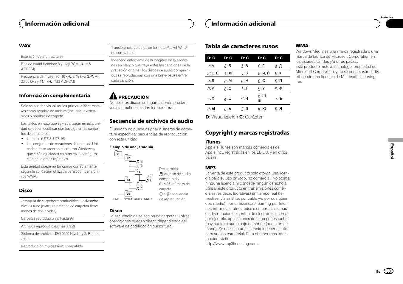 Secuencia de archivos de audio, Tabla de caracteres rusos, Copyright y marcas registradas | Información adicional | Pioneer DEH-150MPG User Manual | Page 53 / 96