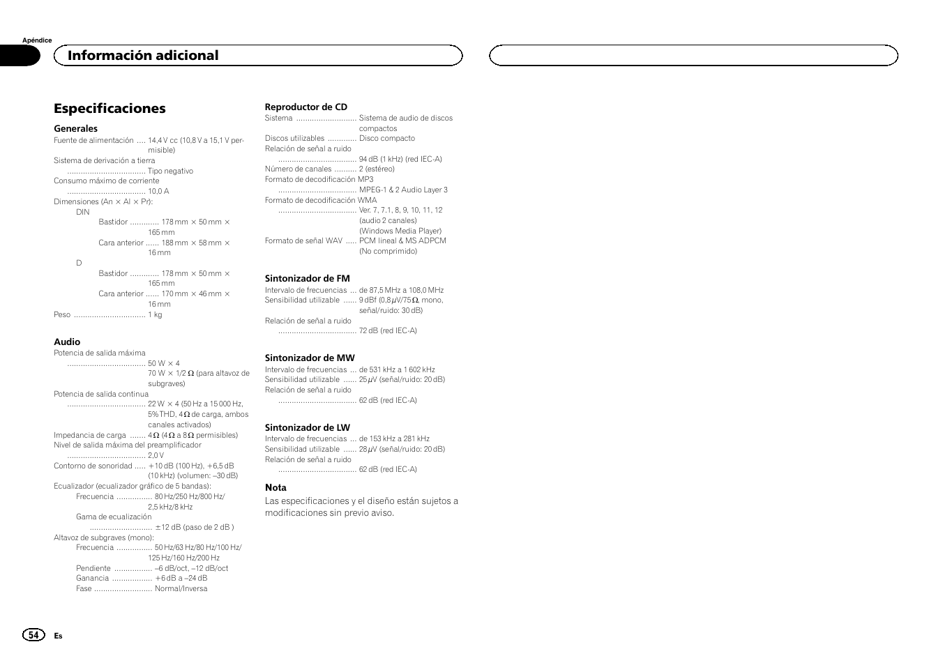 Especificaciones, Información adicional | Pioneer DEH-150MPG User Manual | Page 54 / 96