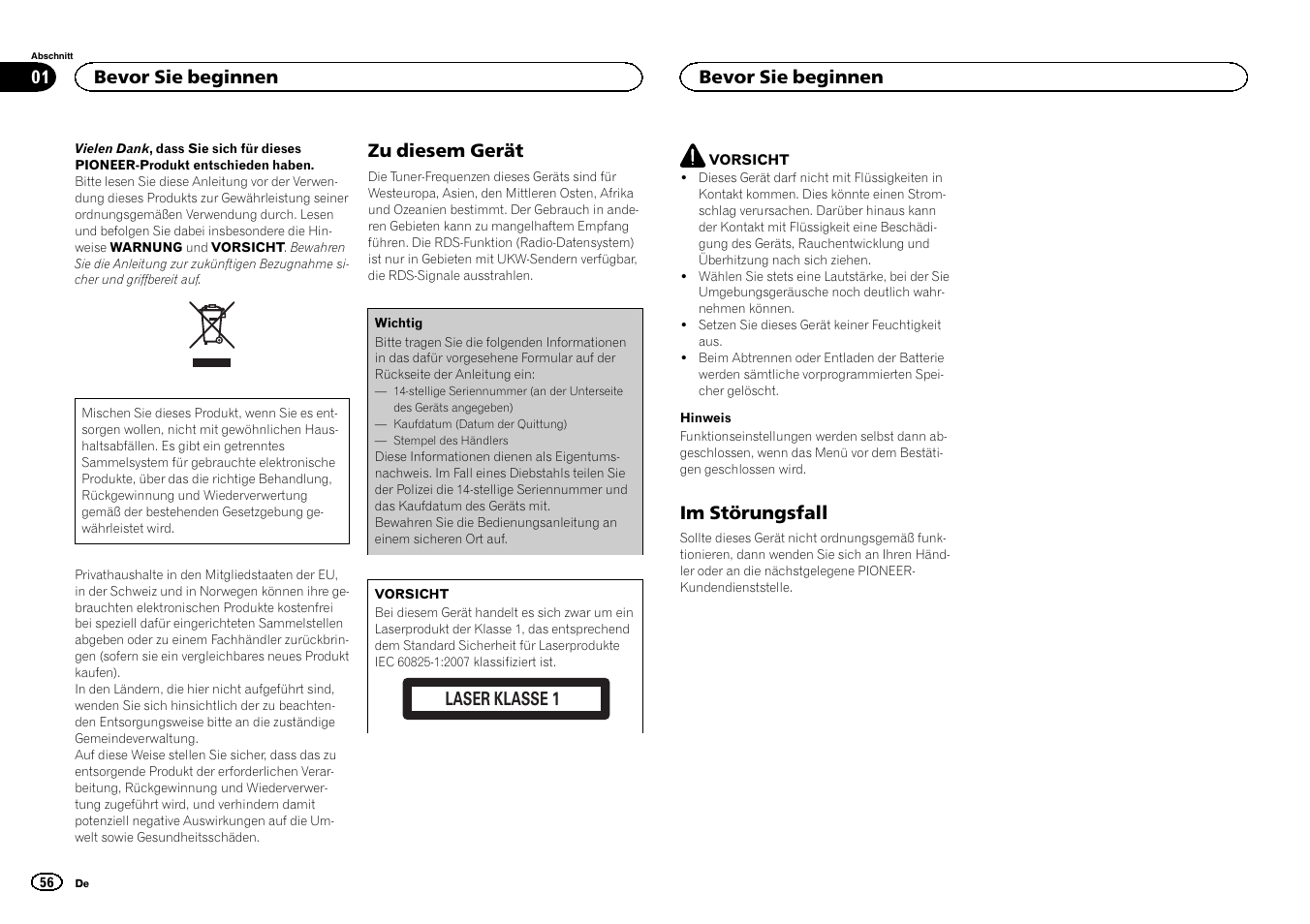 Deutsch, Zu diesem gerät, Laser klasse 1 | Im störungsfall, Bevor sie beginnen | Pioneer DEH-150MPG User Manual | Page 56 / 96