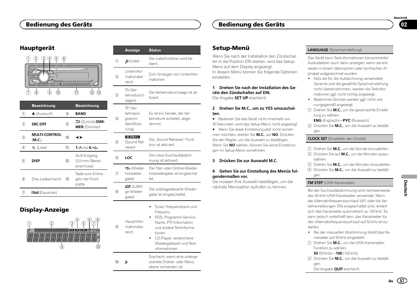 Hauptgerät, Display-anzeige, Setup-menü | Bedienung des geräts | Pioneer DEH-150MPG User Manual | Page 57 / 96