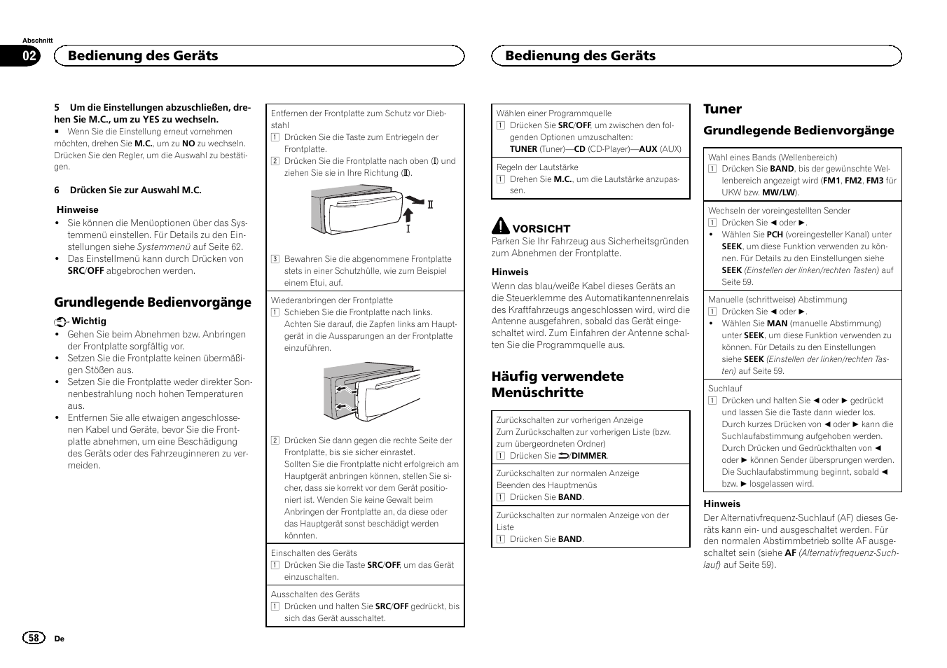 Grundlegende bedienvorgänge, Häufig verwendete menüschritte, Tuner | Bedienung des geräts | Pioneer DEH-150MPG User Manual | Page 58 / 96