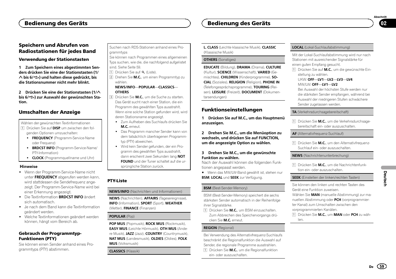 Seek (einstellen der linken/rechten tas, Ten) auf seite 59, Af (alternativfrequenz-such | Lauf) auf seite 59), Bedienung des geräts | Pioneer DEH-150MPG User Manual | Page 59 / 96