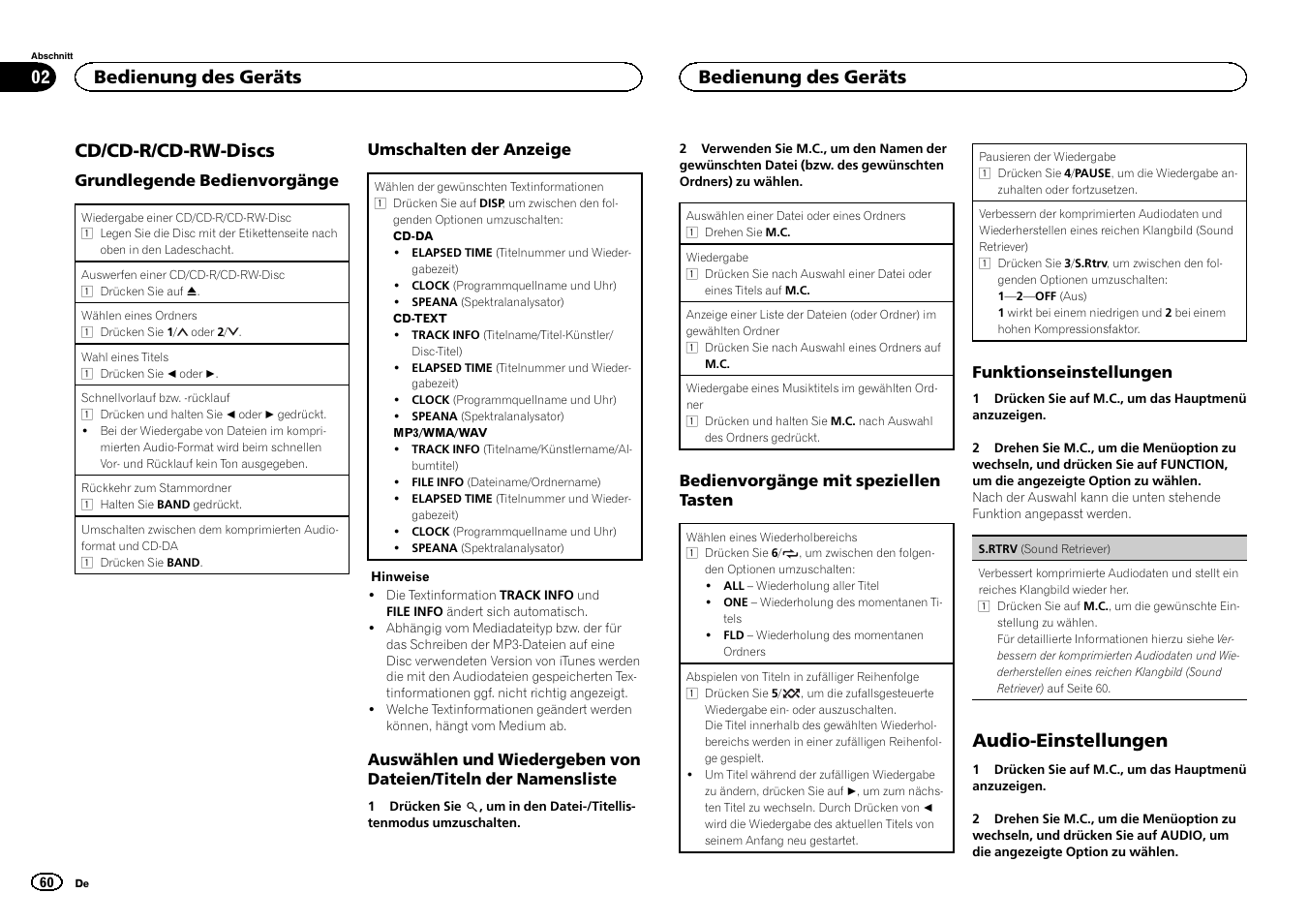 Cd/cd-r/cd-rw-discs, Audio-einstellungen, Bedienung des geräts | Pioneer DEH-150MPG User Manual | Page 60 / 96