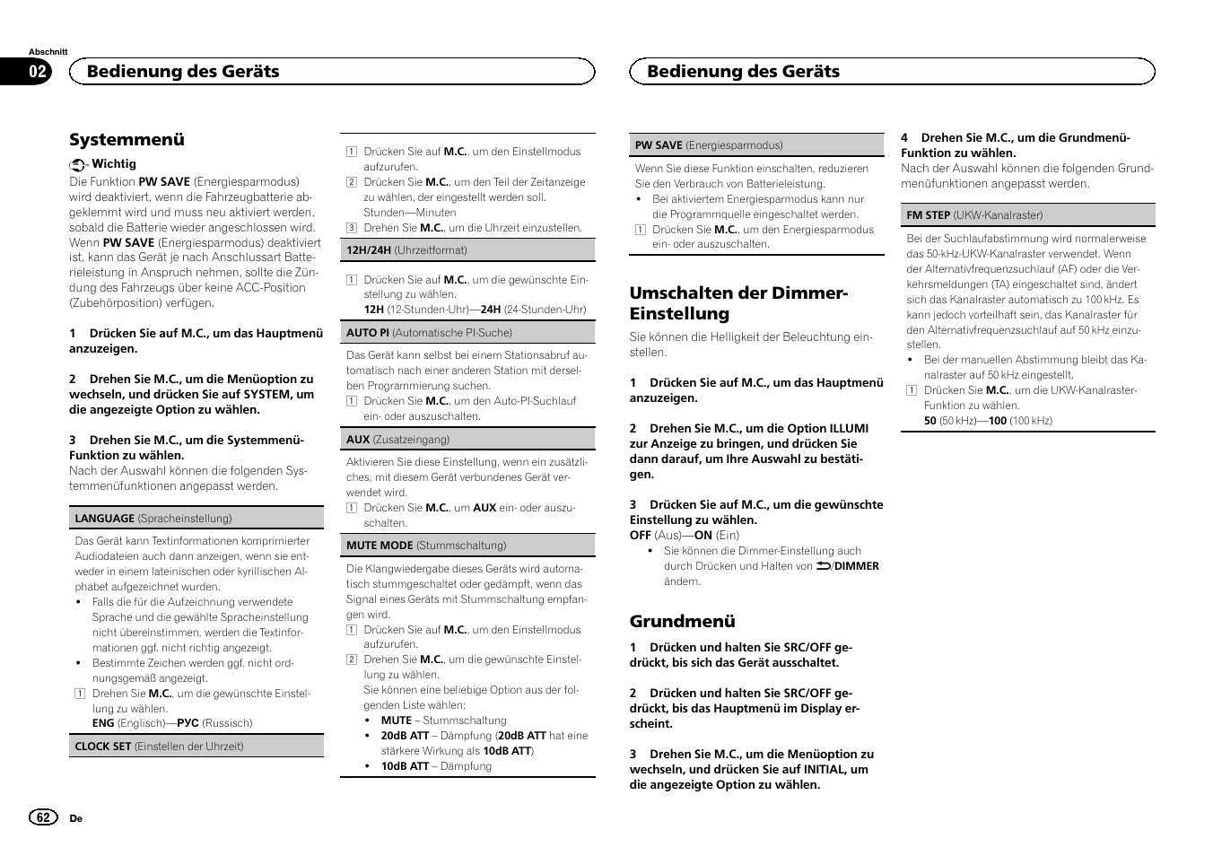 Systemmenü auf seite 62, Systemmenü, Umschalten der dimmer- einstellung | Grundmenü, Bedienung des geräts | Pioneer DEH-150MPG User Manual | Page 62 / 96