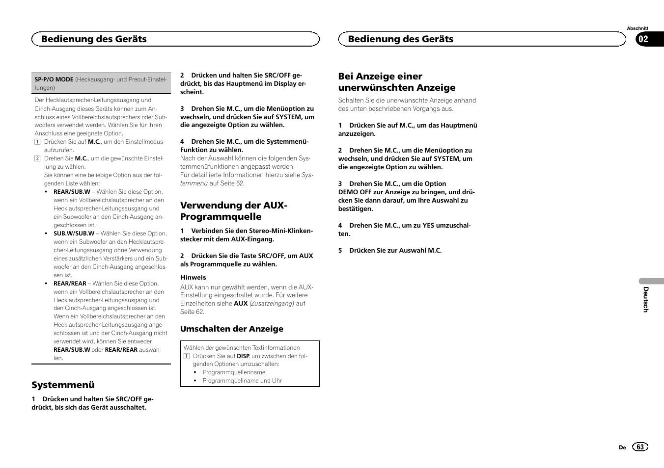 Sp-p/o mode (heckausgang, Und preout-einstellungen) auf seite 63, Systemmenü | Verwendung der aux- programmquelle, Bei anzeige einer unerwünschten anzeige, Bedienung des geräts | Pioneer DEH-150MPG User Manual | Page 63 / 96