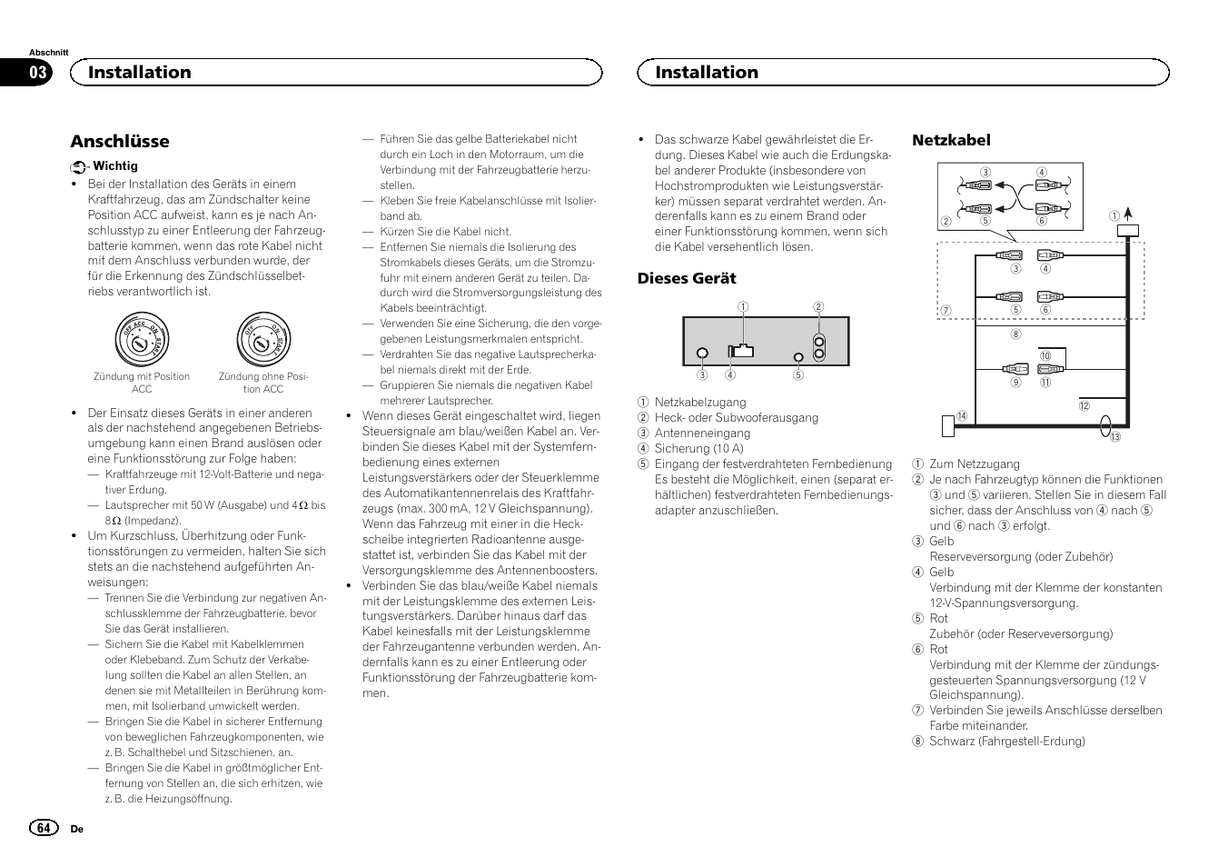 Anschlüsse, Installation | Pioneer DEH-150MPG User Manual | Page 64 / 96