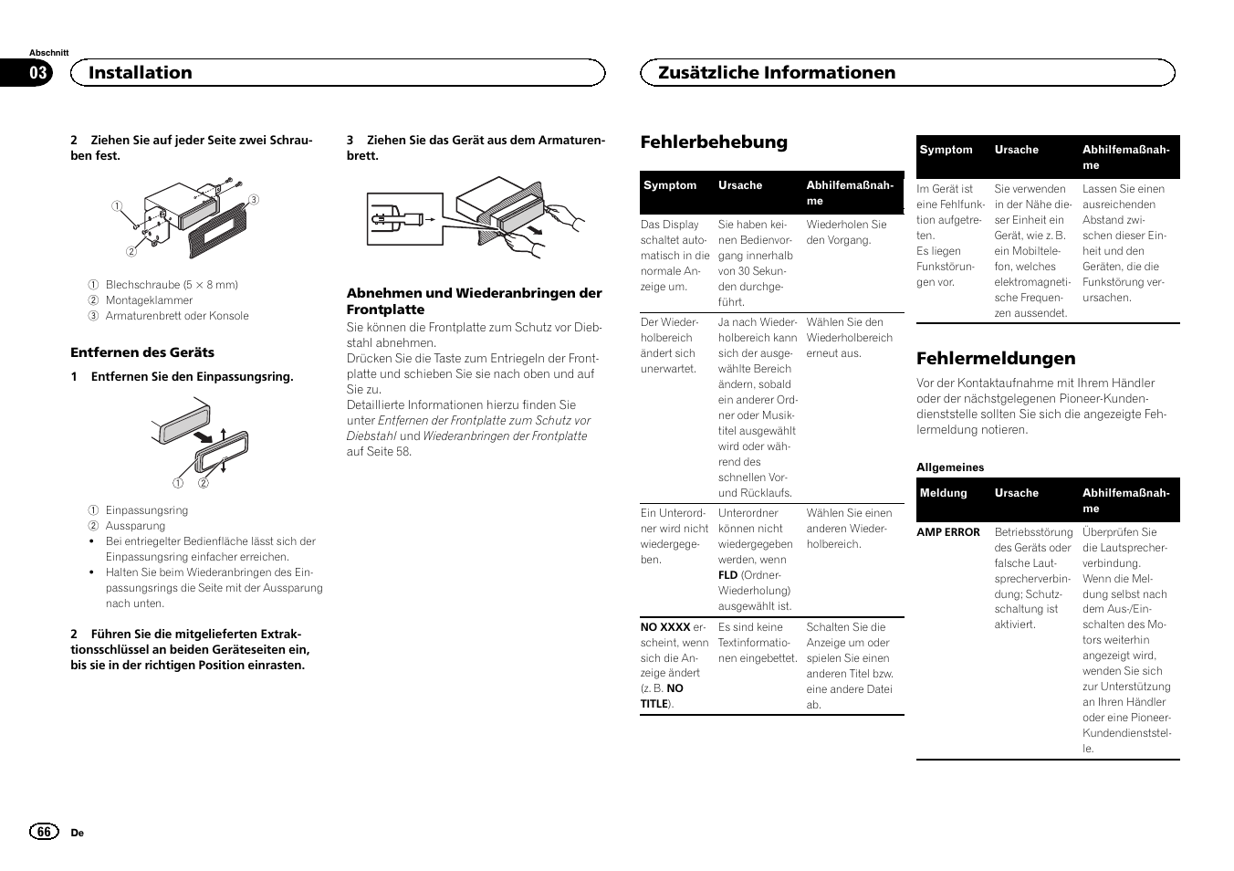 Fehlerbehebung, Fehlermeldungen, Installation | Zusätzliche informationen | Pioneer DEH-150MPG User Manual | Page 66 / 96